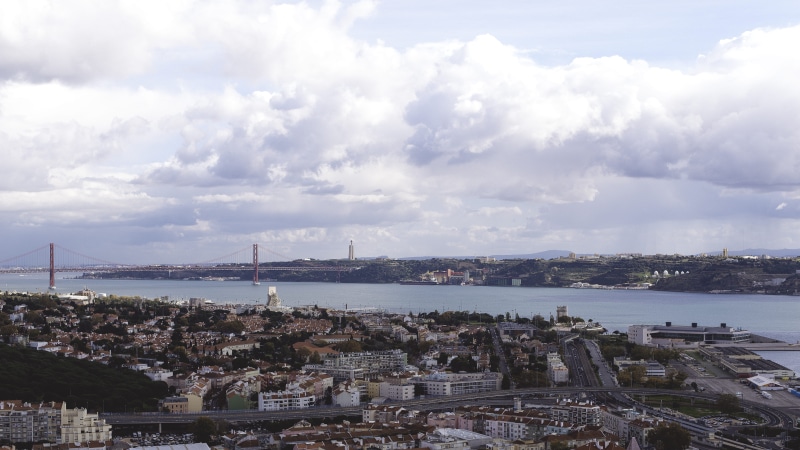 travel, bridge, office building exterior, architecture, outdoors, sky, skyscraper, bay, travel destinations, connection, nature, no people, 5K, portugal