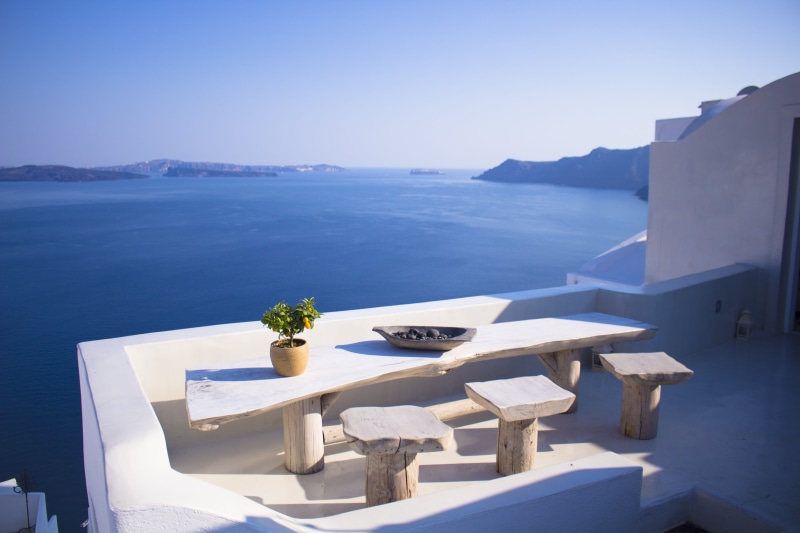 sky, stool, white, nature, sea, tourist Resort, slab, dining, blue, patio, seat, view, near, wood, luxury, island, oia, santorini, vacations, mediterranean