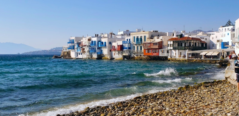 architecture, nature, water, no people, building, wave, aegean, 4K, travel, clear sky, beach, island, motion, mykonos, tourism, built structure, beauty in nature