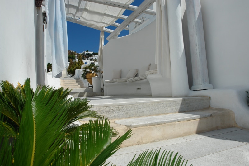mykonos, furniture, sunlight, stair, holiday, architecture, indoors, Island, concrete, potted plant, nature, plant, attraction, absence, sun, sea, cyclades