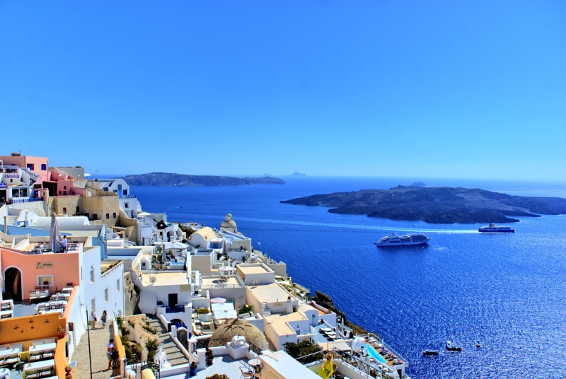 clear sky, europe, scenics - nature, high angle view, sea, sailboat, oia, building, village, coastline, aegean Sea, beige, church, nautical vessel, built structure