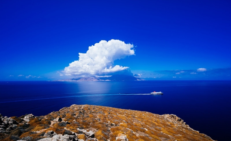clouds, tranquil scene, aegean, horizon, Greece, sky, rock - object, outdoors, blue, white, nautical vessel, no people, mykonos, beauty in nature, tranquility