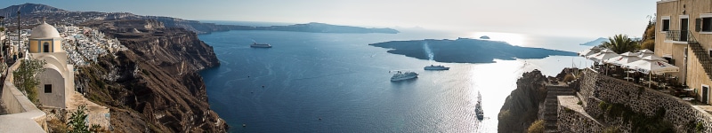 Santorini, Aegean Sea, Nea Kameni, water, boat, 5K, sea, house, cliff, Greece, panorama, town, Europe