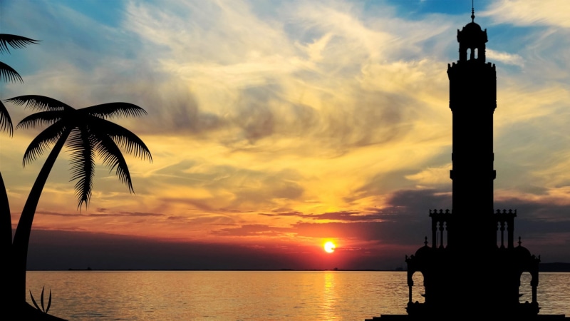 evening, sky, ege, sea, vector, turkey, lighthouse, golden, hour, architecture, tranquil scene, travel destinations, cloud - sky, sun, clock tower, aegean region