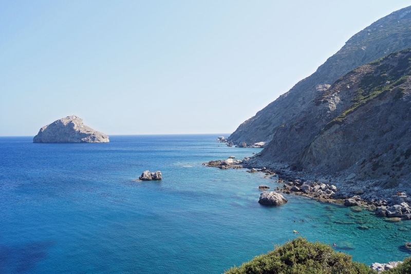 tranquility, solid, copy space, horizon over water, tranquil scene, mountain, nature, rock - object, rock, sea, idyllic, blue, outdoors, amorgos, no people