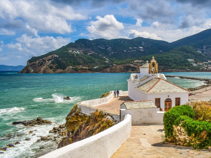 building exterior, built structure, no people, orthodox, mountain, sky, outdoors, beauty in nature, building, 4K, landscape, water, sporades, skopelos