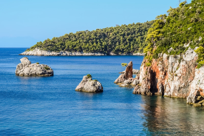 no people, solid, landscape, pine tree, coastline, island, tranquility, blue, coast, outdoors, cliff, scenics - nature, rocks, beach, nature, 5K, rock