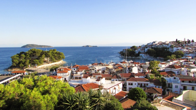 horizon over water, 4K, plant, aegean, travel destinations, built structure, summer, nature, tree, house, town, sporades, city, vacation, tourism, sea