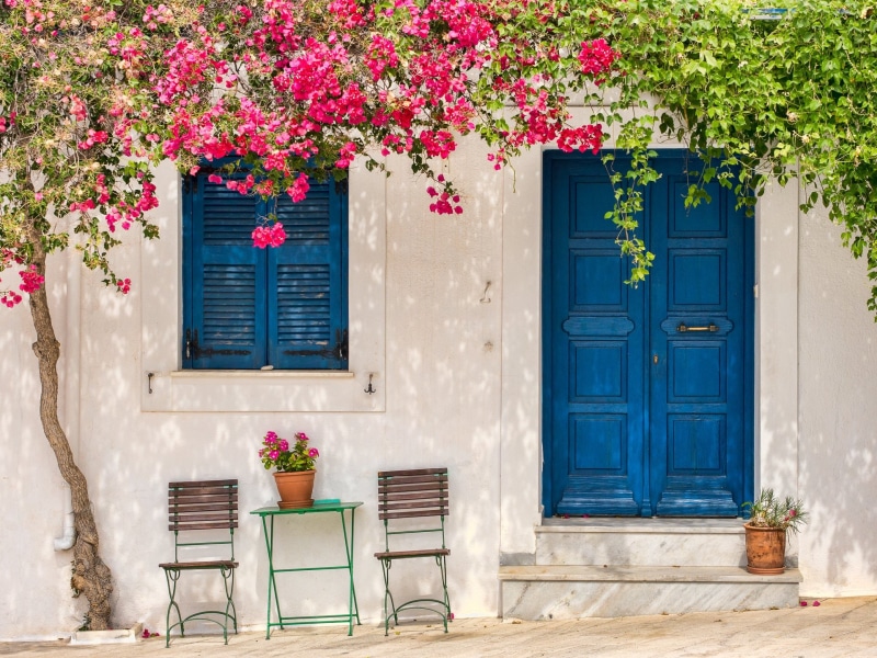 Flower, House, Door, Blue, 1080P, Man Made, Greece, Santorini