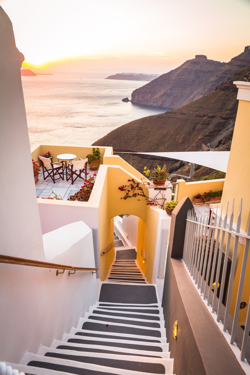 railing, mountain, aerial, santorini, patio, near, water, outdoors, greece, scenics - nature, 2K, tranquil scene, stairs, concrete, land, house, day, no people