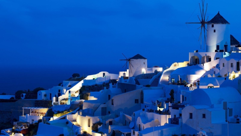 island, blue and white, oia, nature and landscapes, windmills, town, 1080P