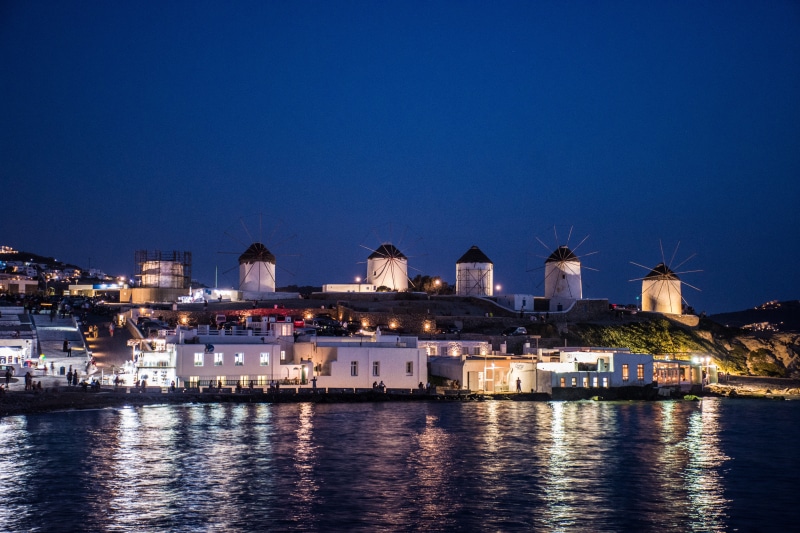 nature, greek islands, illuminated, 5K, tourist, water, ce, lights, religion, landscape, reflections, mykonos, sky, meditate, architecture, Night, reflection
