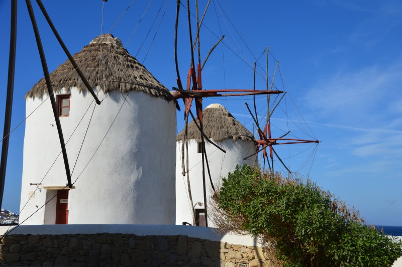 nature, no people, sky, windmill, wind power, traditional windmill, summer, plant, fuel and power generation, water, dry, outdoors, greek island, architecture