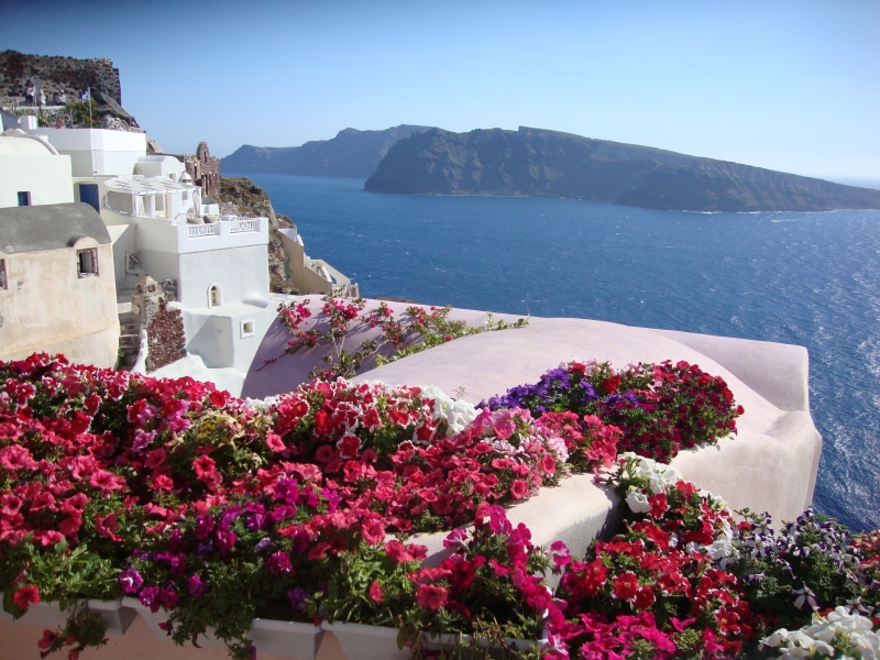 sunlight, water, building exterior, architecture, flower, mediterranean sea, santorini, landscape, volcano, plant, oia, sun, island, no people, caldera