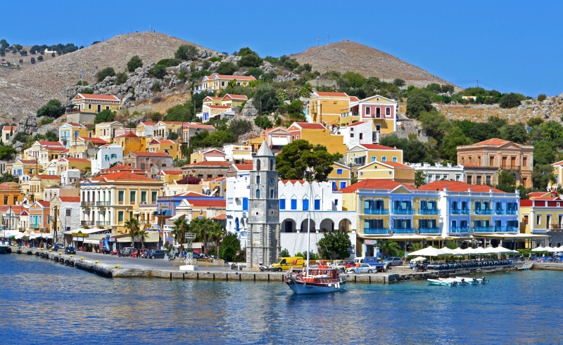 multi colored, vacations, architecture, waterfront, simi, summer, boat, chapel, mountain, cityscape, mediterranean Countries, residential district, pier