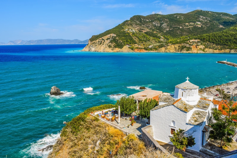 orthodox, building, sporades, architecture, horizon over water, white, blue, skopelos, greek, no people, beach, traditional, land, high angle view, place of worship