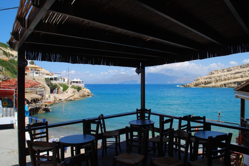 architecture, water, holiday, tourist resort, day, table, scenics - nature, rock, crete, chair, View, horizon over water, roof, Terrace, 2K, building exterior