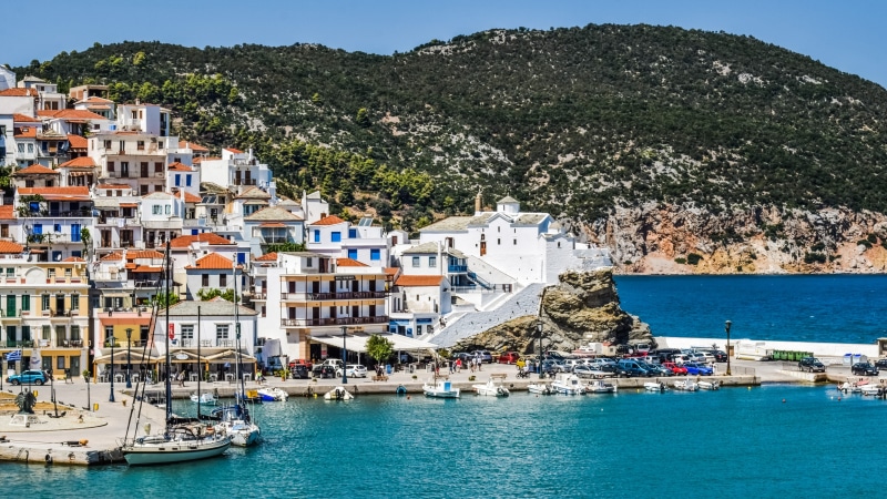 summer, mountain, mediterranean, sky, community, no people, beach, chora, architecture, sea, tourism, sporades, apartment, building exterior, 5K, greek