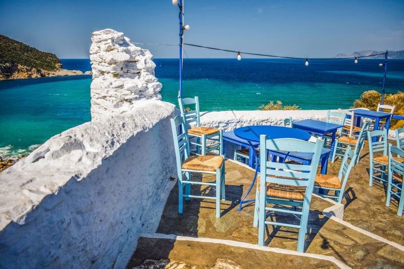 summer, greek, sunlight, scenics - nature, rock, 5K, land, tavern, turquoise colored, tourism, beach, blue, sporades, chair, skopelos, travel destinations