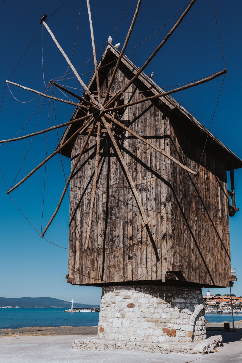 built structure, beach, outdoors, 4K, no people, trip, old town, sunlight, low angle view, sky, sea, old-fashioned, tourism, Nessebar, winter, clear sky