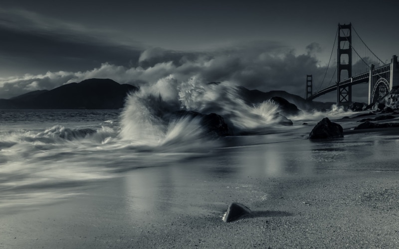 power, 1080P, scenics - nature, beach, long exposure, water, architecture, blurred motion, wave, gate, splashing, Golden Gate Bridge, San Francisco Bay