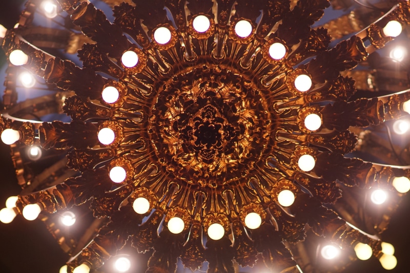 built structure, dome, grand central terminal, ornate, low angle view, cupola, hanging, luxury, electric lamp, glowing, chandelier, indoors, 5K, light