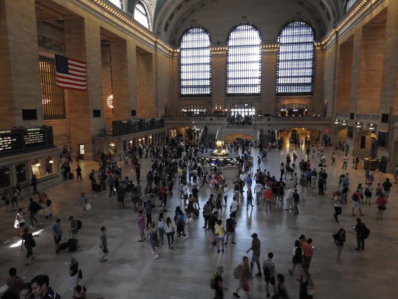 large group of people, walking, grand central terminal, architectural column, tourism, station, architecture, women, new york, indoors, railroad station