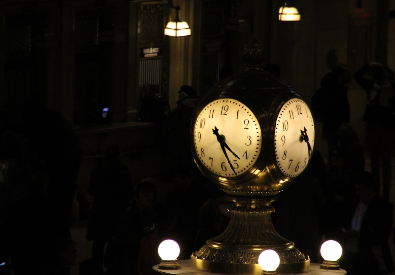 clock, indoors, city, minute hand, dark, no people, time, grand central terminal, new york, electric lamp, station, illuminated, architecture, lighting equipment