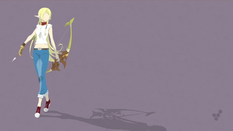 vector, weapon, human representation, Gate: Jieitai Kanochi nite Kaku Tatakaeri, bow and arrow, mid-air, Tuka Luna Marceau, indoors, sport, purple background