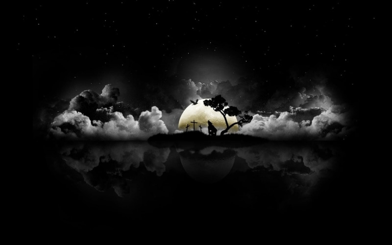 noche, hombre, cementerio, 1080P, luna, abstracto, lobo, dark