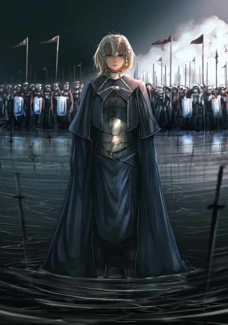 portrait, leather, arc, women, Fate Series, costume, illuminated, Jeanne dArc, clothing, standing, water, anime girls, 1080P, art, digital, real people
