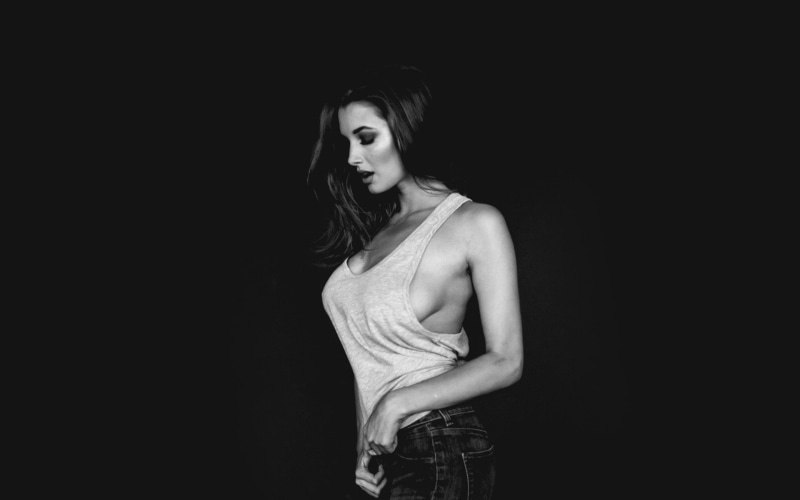 hair, fashion, beautiful woman, alyssa, dark, portrait, young women, looking at camera, adult, black background, indoors, bw, standing, contemplation, hairstyle
