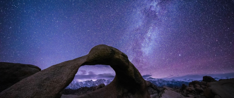 star - space, natural arch, space, arc, idyllic, rock, arch, tranquil scene, night, rock - object, sky, 2K, stone arch, environment, astronomy, mountain