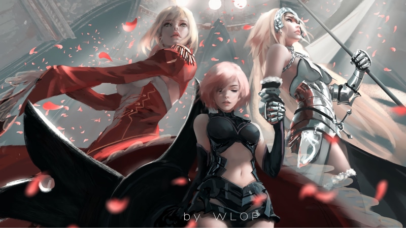 Fate/Grand Order, leisure activity, spear, young adult, artwork, Nero Claudius, Mash Kyrielight, young women, armor, females, girls, anime, digital art