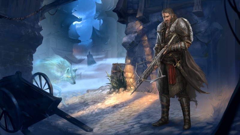 night, crossbow, Myst, Ifan Ben-Mezd, Divinity: Original Sin 2, RPG, 1080P, artwork, digital art, street, wolf, video game art, fantasy art, video game characters