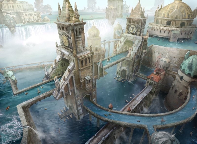 river, 1080P, The city, people, Magic the Gathering - Wizards of the Coast, waterfall, tower, boats
