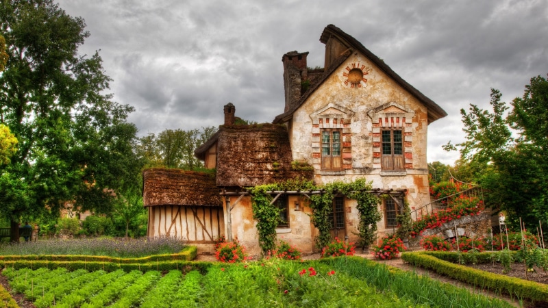 versailles, architecture, built structure, cottage, france, storm cloud, no people, old, storm, grass, residential district, hameau de la reine, outdoors