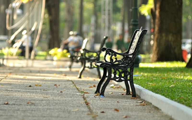 falling, absence, HD, Park, transportation, nature, focus on foreground, green color, bench, empty, fullscreen, 1080P, mood, day, street, greens