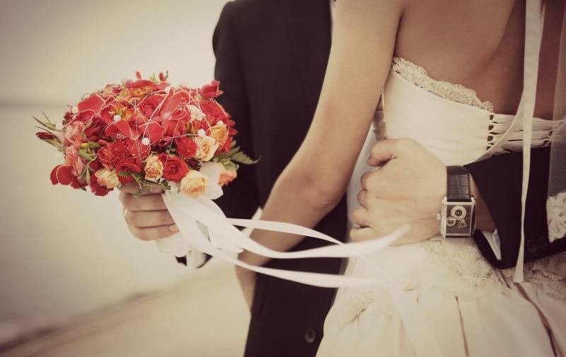 flower, two people, celebration, romance, girl, married, woman, husband, lifestyles, people, newlywed, red, flowers, heterosexual Couple, white, bouquet