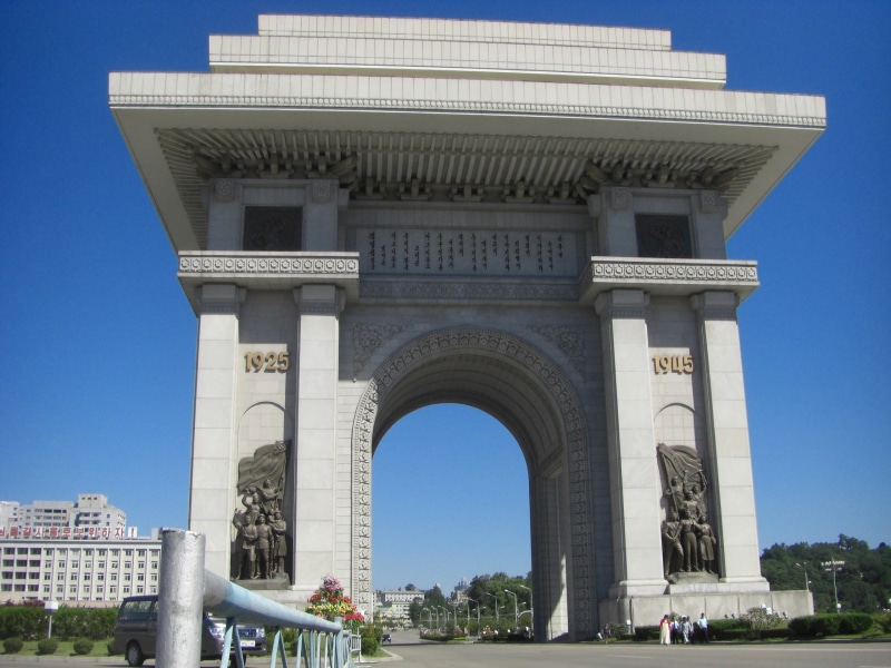 the democratic peoples republic of korea, clear sky, travel destinations, north korea, pyongyang, building, socialism, monument, day, memorial, low angle view