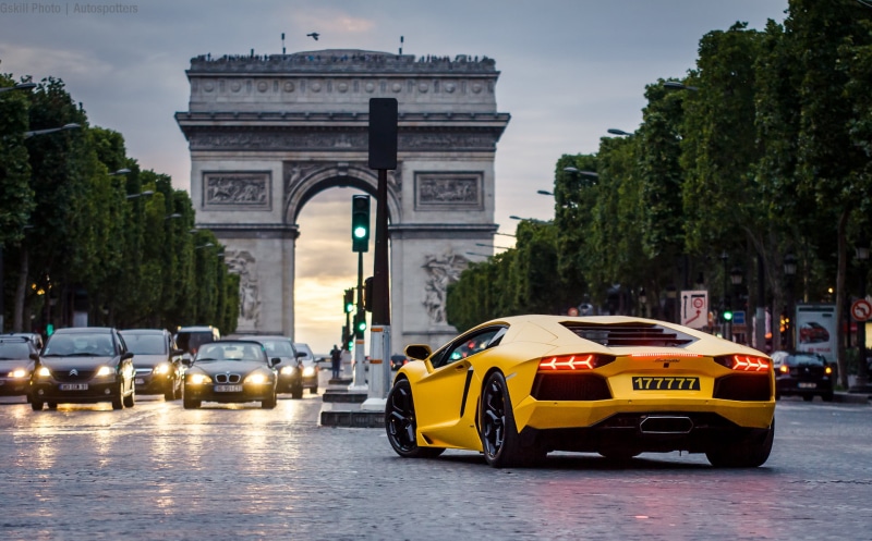 travel, motor vehicle, land vehicle, car, triumphal arch, Paris, street, road, arch, traffic, mode of transportation, built structure, sports, 1080P, transportation