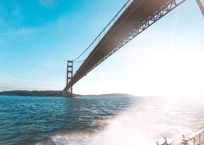 day, sky, cloud - sky, motion, low angle view, bay, blue, suspension bridge, 2K, water, bridge, ggb, bridge - man made structure, built structure, sunlight