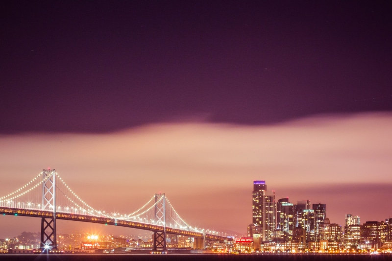 sky, building exterior, architecture, lights, illuminated, city life, urban Skyline, rush, suspension Bridge, 4K, night, uSA, no people, twilight, bridge - Man Made Structure