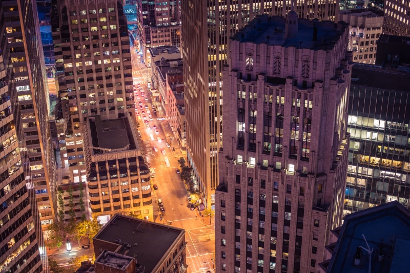 illuminated, roofs, skyscrapers, evening, big, city street, residential district, city, top, modern, usa, transportation, sf, night, office, built structure