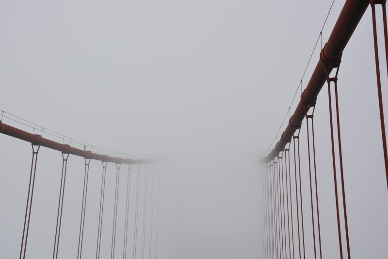 gray, hanging, transportation, Golden Gate Bridge, nature, 5K, low angle view, rope, day, sailboat, mist, steel, connection, white color, copy space, architecture