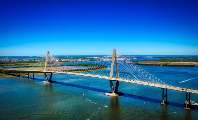 cable-stayed bridge, sea, south carolina, bridge - man made structure, architecture, suspension bridge, panorama, water, connection, clear sky, historic