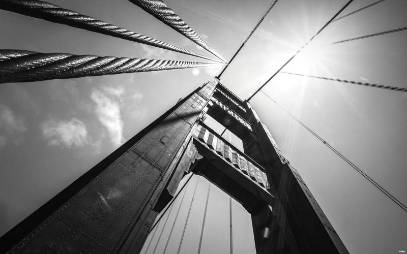 outdoors, building exterior, cloud - sky, bridge - man made structure, metal, built structure, 1080P, nature, tower, directly below, connection, steel