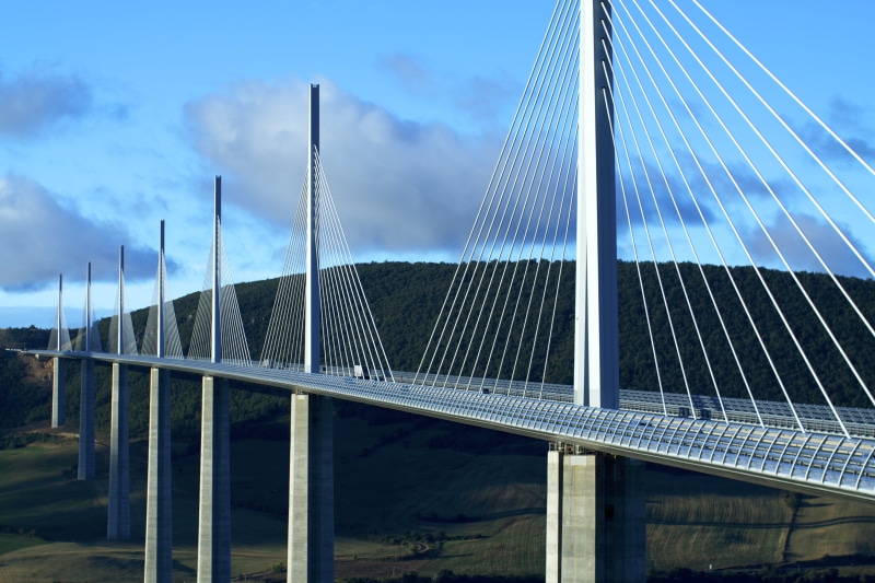 sky, cloud - sky, bridges, millau, france, low angle view, architecture, 4K, transportation, day, viaduc de millau, bridge, engineering, bridge - man made structure