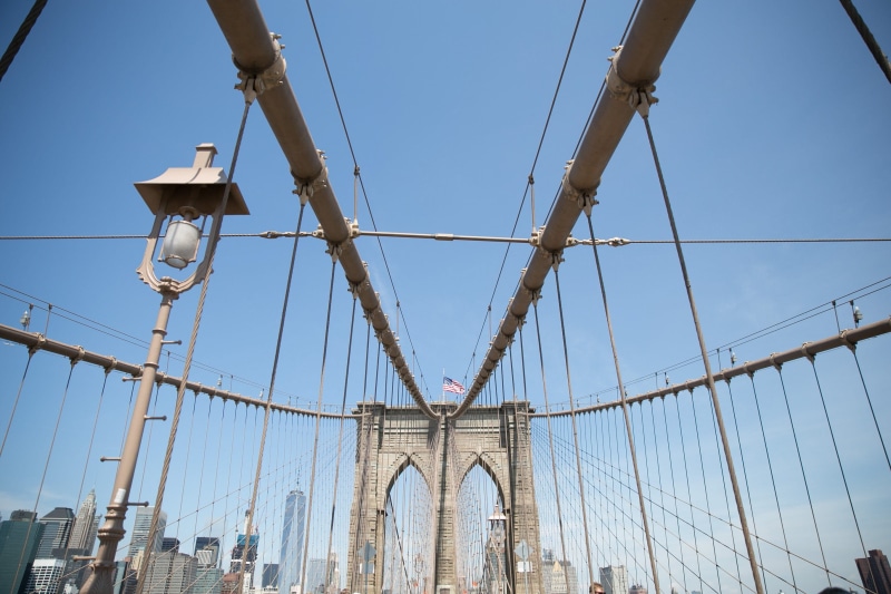 brooklyn, Historic, Structure, new york city, cables, infrastructure, built structure, clear sky, blue sky clouds, Suspension Bridge, USA, american, landmark