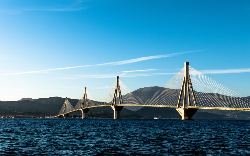 sea, bridge, suspension, blue, nature, water, built structure, cable-stayed bridge, architecture, francisco, travel, 5K, Greece, outdoors, sky, brown
